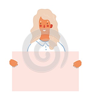 Modern woman holding banner with space for text, girl student with blank placard, flat cartoon illustration. Vector