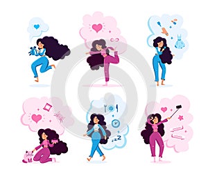 Modern Woman in Various Situations Vector Set