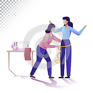 Modern women flat illustration. A tailor makes a woman body measurement. Vector illustration on a transparent background