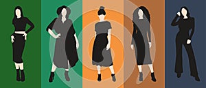 Modern women silhouettes, five girls figures vector set