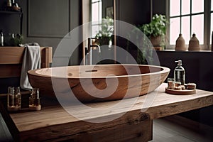 Wooden tabletop for product display with blurred bathroom interior featuring bathtub and minimalist design