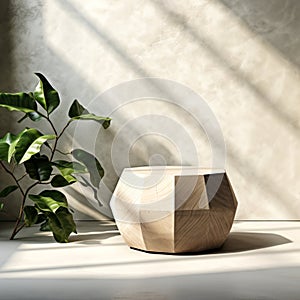 Modern wood geometric shape side table pentagon side in sunlight leaf foliage shadow on polished cement wall floor for luxury