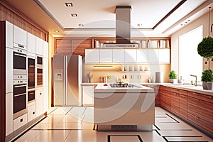 Modern wood and white kitchen with plants. Real estate. Real estate agent. Interior decorator. Home staging.