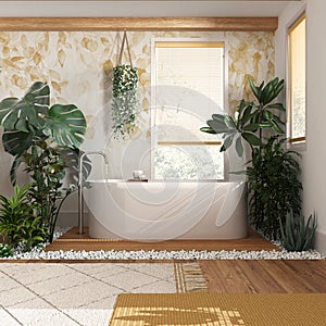 Modern wooden bathroom close up in white and yellow tones with bathtub and many houseplants. Biophilia concept. Urban jungle