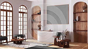 Modern wooden bathroom with parquet and arched windows. Freestanding bathtub, carpets and armchairs in white and gray tones. Boho