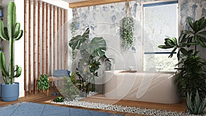 Modern wooden bathroom in white and blue tones with freestanding bathtub and bamboo wall. Biophilic concept, many houseplants.