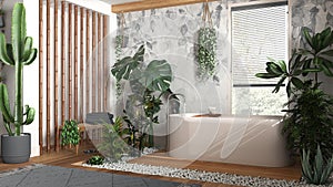Modern wooden bathroom in white and gray tones with freestanding bathtub and bamboo wall. Biophilic concept, many houseplants.