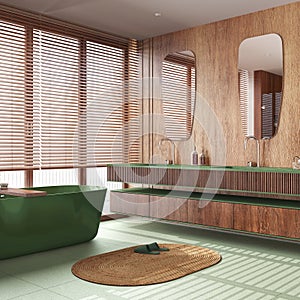 Modern wooden bathroom in white and green tones. Freestanding bathtub, washbasin with mirror and marble tiles floor. Minimal