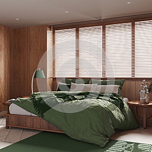 Modern wooden bedroom in green and beige tones. Master bed with pillows and duvet, window with venetian blinds, carpets and decors