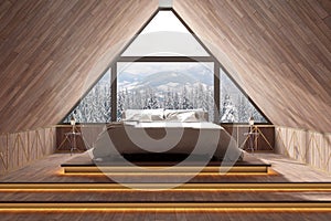 Modern wooden bedroom with mountain background in windows interior design. 3D illustration