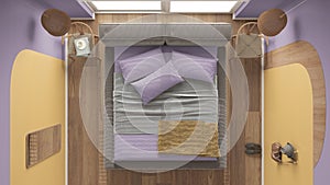 Modern wooden bedroom in yellow and violet tones, master bed with pillows and blanket, lamps, chairs. Parquet, carpet, window with