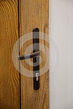 Modern wooden brown door with metal door handle