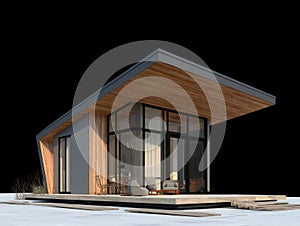 A modern wooden building with large glass windows features minimalist architecture in a dark setting