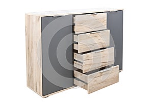 Modern wooden chest of drawers with open drawers on isolated white background