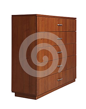 Modern wooden chest of drawers on white. Furniture for wardrobe room