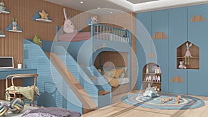 Modern wooden children bedroom in blue and pastel tones, bunk bed with ladder and slide, parquet floor, desk with chair and laptop