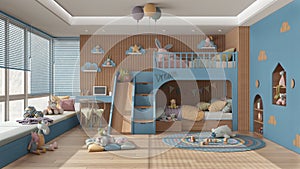 Modern wooden children bedroom with bunk bed in blue and pastel tones, parquet floor, big window with sofa, desk with chair,