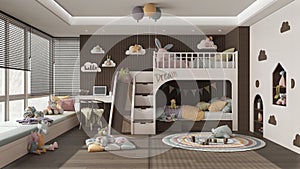 Modern wooden children bedroom with bunk bed in dark and pastel tones, parquet floor, big window with sofa, desk with chair,