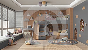 Modern wooden children bedroom with bunk bed in gray and pastel tones, parquet floor, big window with sofa, desk with chair,