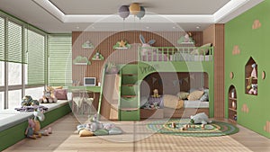 Modern wooden children bedroom with bunk bed in green and pastel tones, parquet floor, big window with sofa, desk with chair,