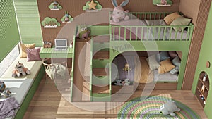 Modern wooden children bedroom with bunk bed in green and pastel tones, parquet, window with sofa, desk with chair, wardrobe,