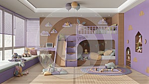 Modern wooden children bedroom with bunk bed in purple and pastel tones, parquet floor, big window with sofa, desk with chair,