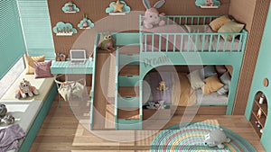 Modern wooden children bedroom with bunk bed in turquoise and pastel tones, parquet, window, sofa, desk with chair, wardrobe,