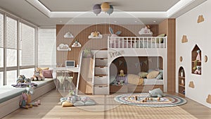 Modern wooden children bedroom with bunk bed in white and pastel tones, parquet floor, big window with sofa, desk with chair,