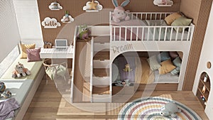 Modern wooden children bedroom with bunk bed in white and pastel tones, parquet, window with sofa, desk with chair, wardrobe,