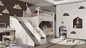 Modern wooden children bedroom in dark and pastel tones, bunk bed with ladder and slide, parquet floor, desk with chair and laptop