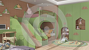 Modern wooden children bedroom in green and pastel tones, bunk bed with ladder and slide, parquet floor, desk with chair and