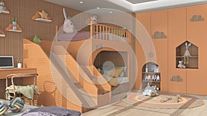 Modern wooden children bedroom in orange and pastel tones, bunk bed with ladder and slide, parquet floor, desk with chair and