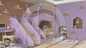 Modern wooden children bedroom in purple and pastel tones, bunk bed with ladder and slide, parquet floor, desk with chair and
