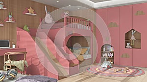 Modern wooden children bedroom in red and pastel tones, bunk bed with ladder and slide, parquet floor, desk with chair and laptop