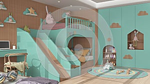 Modern wooden children bedroom in turquoise and pastel tones, bunk bed with ladder and slide, parquet floor, desk with chair and