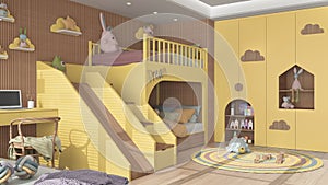 Modern wooden children bedroom in yellow and pastel tones, bunk bed with ladder and slide, parquet floor, desk with chair and