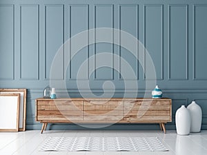 Modern wooden commode or tv console mockup in empty room with gray blue wall