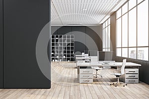 Modern wooden and concrete coworking office interior with empty mock up place on wall and panoramic window and city view. 3D