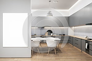 Modern wooden and concrete kitchen interior with empty white mock up banner on wall, dining area.