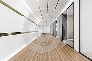 Modern wooden and concrete office corridor interior with glass walls. Workplace concept.