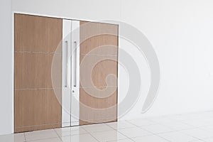 Modern wooden door and empty white wall