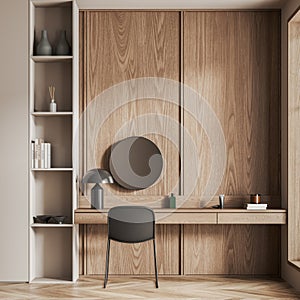 Modern wooden home office interior with a desk, round mirror, and chair, on a light background, concept of simplicity. 3D