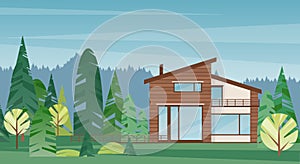 Modern wooden house colorful flat vector illustration