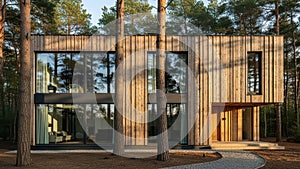 Modern wooden house in forest setting with scandinavian design