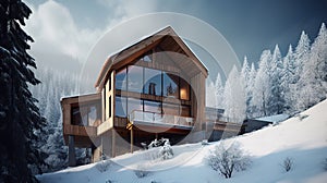 Modern wooden house in winter mountain. Beautiful sunny day. AI Generative.