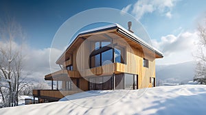 Modern wooden house in winter mountain. Beautiful sunny day. AI Generative.