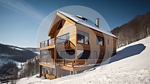 Modern wooden house in winter mountain. Beautiful sunny day. AI Generative.