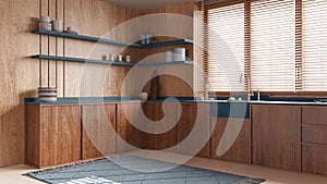 Modern wooden kitchen in blue and beige tones. Cabinets, sink and shelves. Window with blinds and marble tiles floor. Minimalist