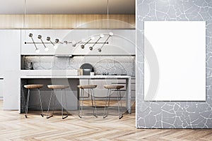 Modern wooden kitchen interior with blank white mock up banner on wall.