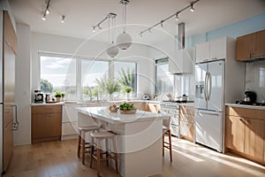Modern wooden kitchen with wooden details and panoramic window, white and blue minimalistic interior design, sunset sunrise panora